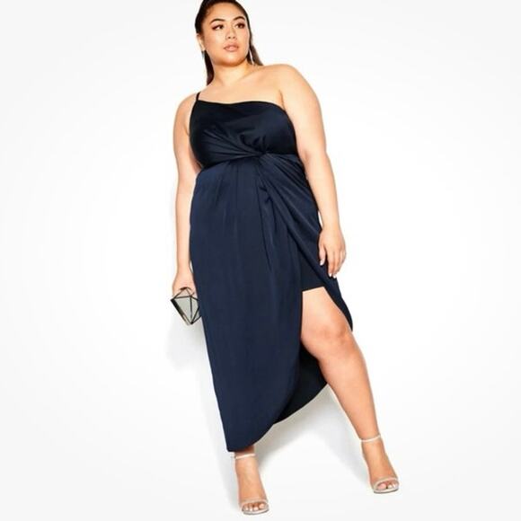 NEW City Chic Plus Size S 16 Sensual Satin Evening Dress One Shoulder Navy Blue - Picture 1 of 7